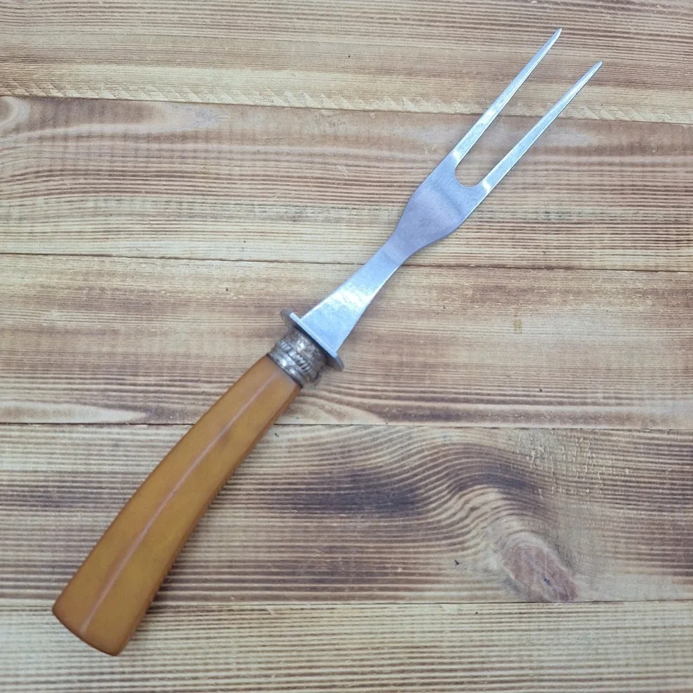 Vintage Bakelite Meat Serving Fork Butterscotch Handle Stainless Steel 11”